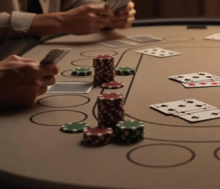 Stół pokerowy z kartami i żetonami w eleganckim, jasnym wnętrzu Epicure House