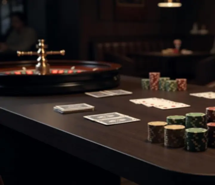 Wieczorne ujęcie stołu do pokera z kartami, żetonami, fragmentem koła ruletki i kartami blackjack.