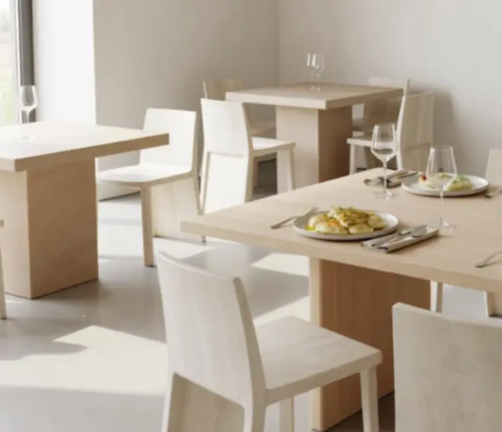 Jasna, nowoczesna sala restauracyjna Epicure House z rzeźbiarskimi krzesłami i sezonowym daniem na stole.