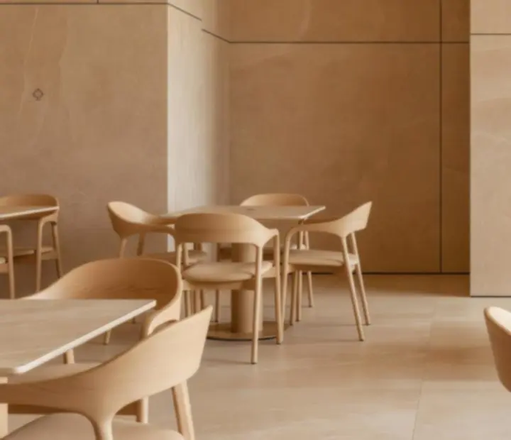 Detale architektonicznego wnętrza Epicure House z jasnymi materiałami i geometrycznymi akcentami