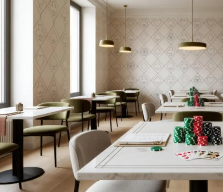 Nowoczesne wnętrze restauracji z detalami nawiązującymi do kart i żetonów