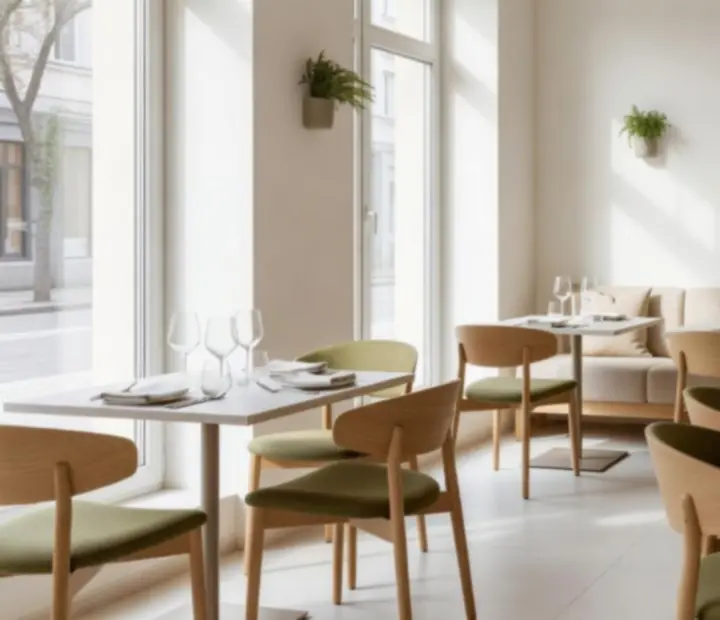 Przestronna, jasna sala restauracyjna Epicure House z autorskim wystrojem i nowoczesnymi stołami