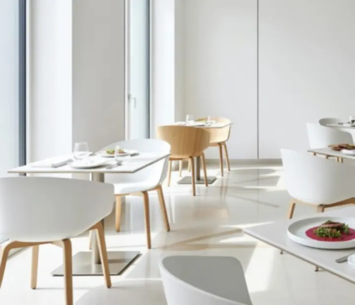 Nowoczesna, jasna sala restauracyjna Epicure House w dziennym świetle z rzeźbiarskimi meblami i nakrytymi stołami.