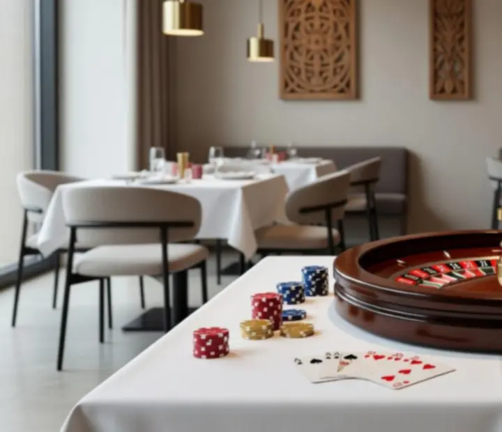 Stół z ruletką, kartami i żetonami w nastrojowym świetle jako część wieczoru tematycznego w restauracji.