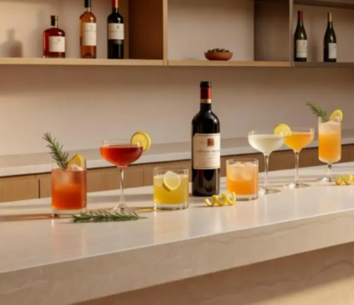 Autorskie koktajle i kieliszki wina przygotowane na wieczorne wydarzenia w Epicure House.