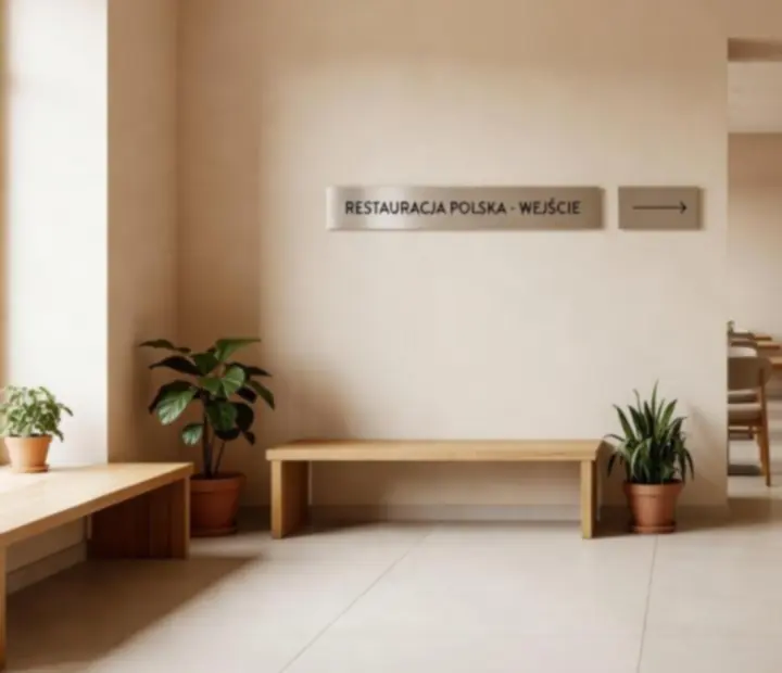 Strefa wejściowa Epicure House z jasnym, piaskowym wykończeniem i minimalistyczną recepcją.