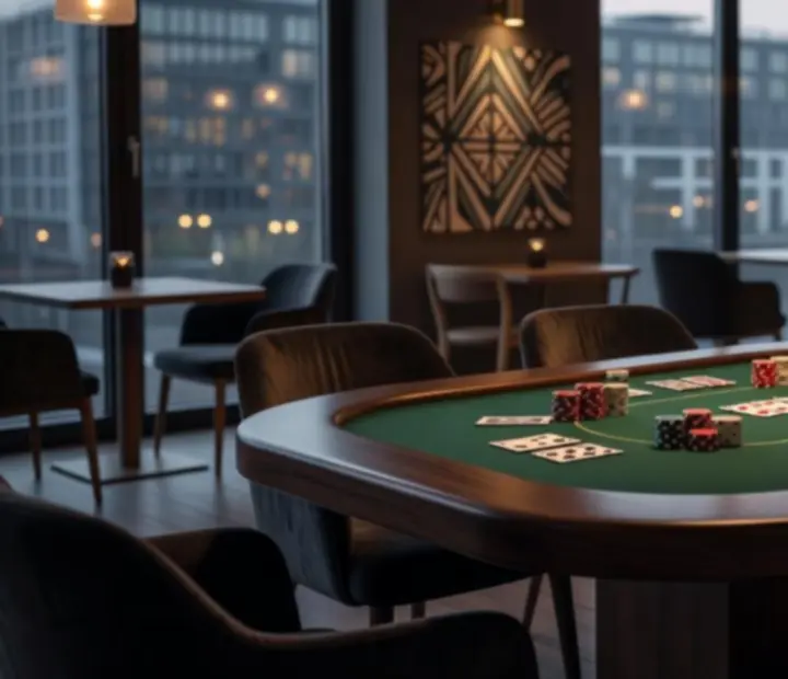 Wieczorna scena z kartami, stołem pokerowym, ruletką i żetonami w Epicure House