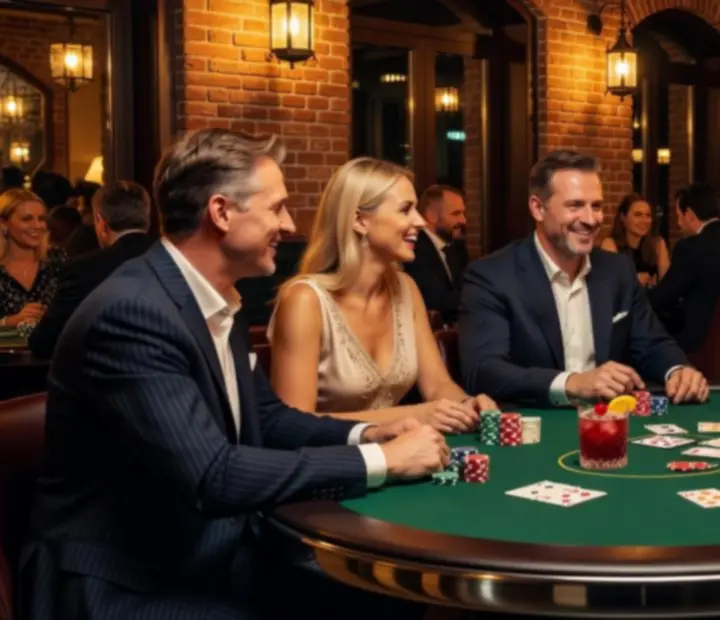 Wieczór tematyczny przy stole pokerowym z kartami i żetonami w Epicure House.