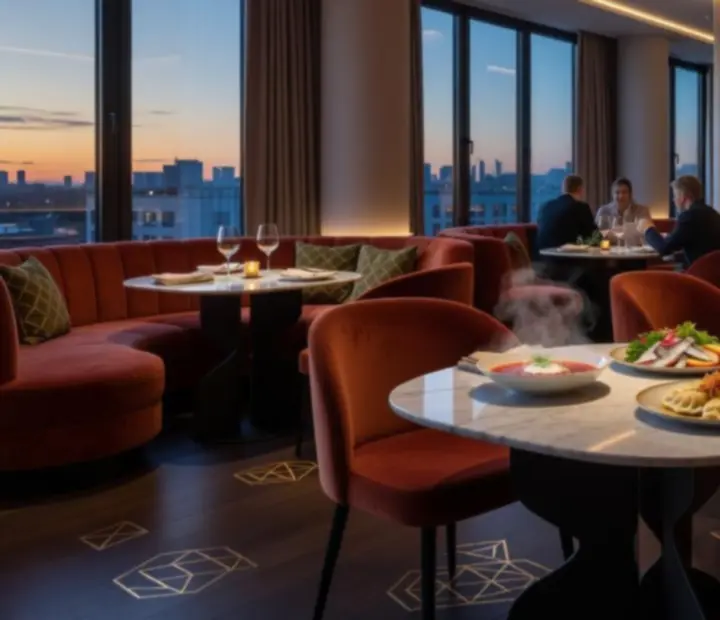 Wieczorna sala restauracyjna Epicure House z subtelnymi detalami nawiązującymi do kasyna
