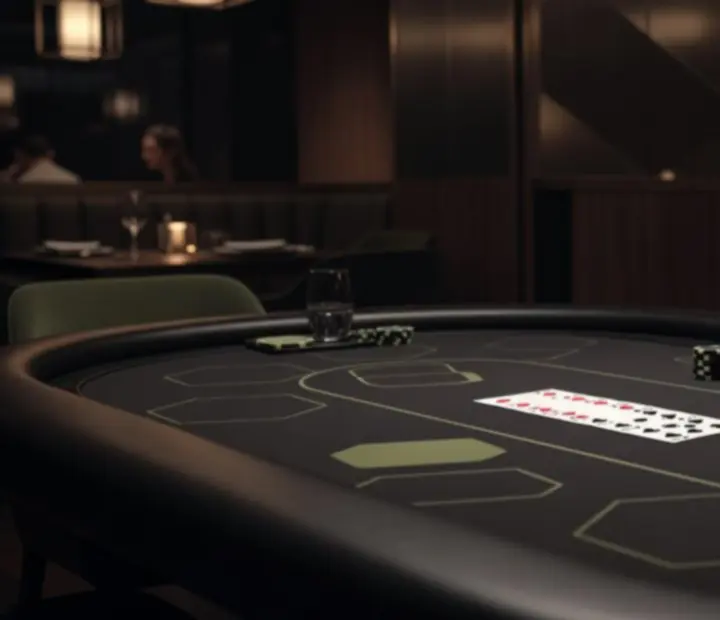 Wieczorny detal stołu pokerowego z kartami i żetonami w nastrojowym świetle.