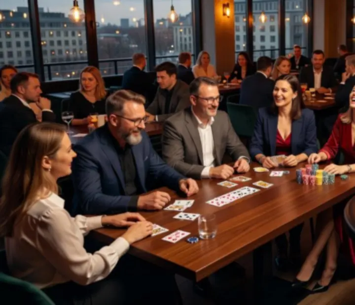 Wieczorne wydarzenie w Epicure House z gośćmi przy stołach, kartami i koktajlami w nowoczesnym wnętrzu.