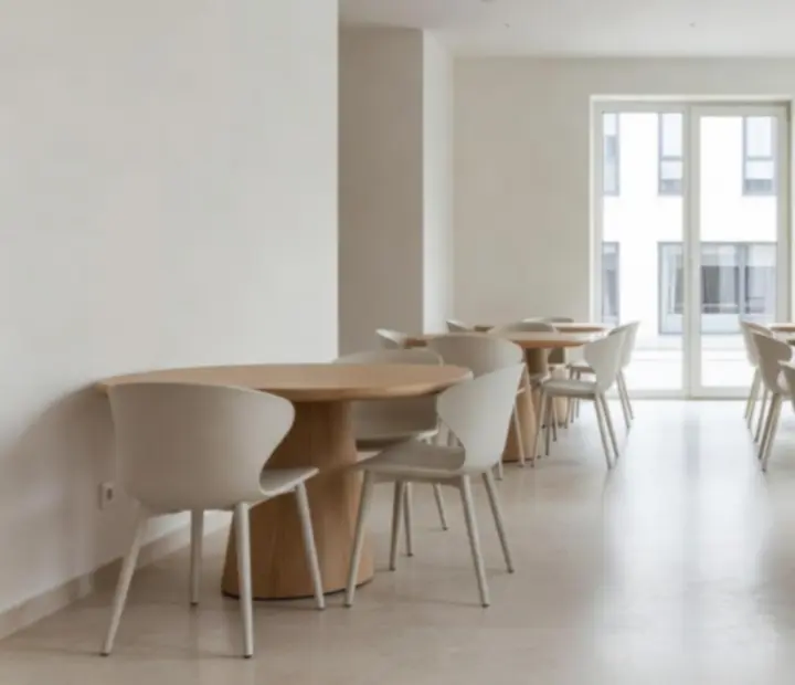 Jasna, nowoczesna sala restauracyjna Epicure House z dziennym światłem, rzeźbiarskimi krzesłami i nakrytymi stołami.